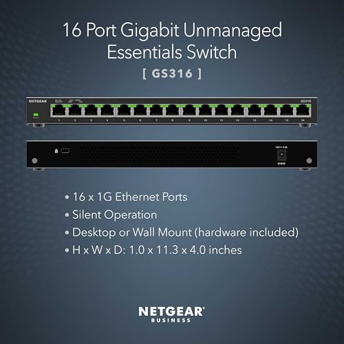 NETGEAR 16-Port Gigabit Ethernet Unmanaged Network Switch (GS316v3) | Essentials Model, Plug-and-Play, Fanless Silent Metal Housing, Desktop or Wall Mount, 802.1p QoS & 9K Jumbo Frame Support - size: 16 Port