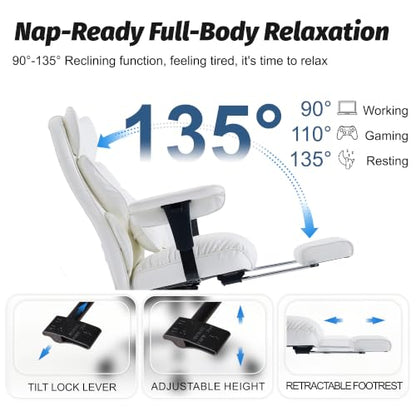 Efomao Executive Office Chair 400lbs,White Big and Tall Desk Chair | Mattress-grade pocket spring cushion, sleek leather, 135° recline & footrest for computer gaming setup. - color: 3084p-white