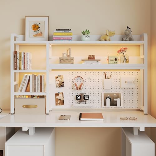 Desktop Hutch Bookshelf, 4-Tier Metal Desk Shelf for Top of Desk | Heavy Duty Countertop Organizer Rack with Peg Board & Accessories Space-Saving Storage for Dorm, Office & Home - color: 4-tier White, size: 37.4"