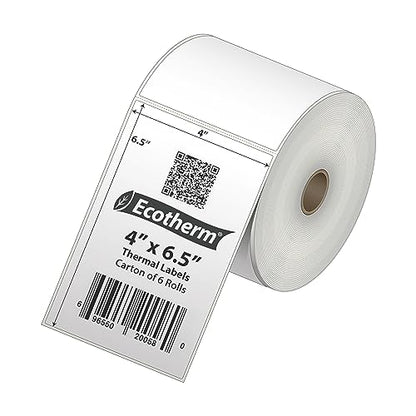 4" x 6.5" Thermal Labels | 6 Rolls | 2280 Labels | fits Zebra, Munbyn, Rollo, Godex, Arkscan, iDPRT, Offnova Thermal Label Printers and More | Blank White Adhesive Stickers by Ecotherm - size: 4 x 6.5 White - 2280 Labels