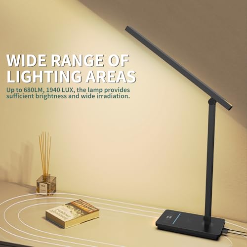 10 in 1 Smart Desk Lamp Led, Desk Light for Colleage Drom Room Office, Eye-Caring Table Lamp with Night Light, Lamp for Desk with 10W Wireless Charger, Dimmable Touch Lamp, Birthday Gifts for Women - color: Black-Pro