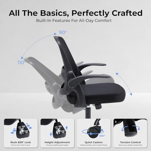 amseatec Mesh Office Chair, Ergonomic Home Office Chair with Flip-Up Arms - color: Black, size: Oversized