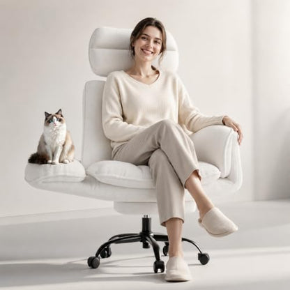 Big and Tall Office Chair, Flip Armrests for Pets & Cross Legged Sitting | Executive Ergonomic Computer Gaming Chair with Foot Rest, Teddy Fleece Wide Seat Reclining Desk Chair, White Vanity Chair - color: Ivory
