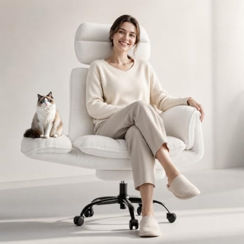 Big and Tall Office Chair, Flip Armrests for Pets & Cross Legged Sitting | Executive Ergonomic Computer Gaming Chair with Foot Rest, Teddy Fleece Wide Seat Reclining Desk Chair, White Vanity Chair - color: Ivory