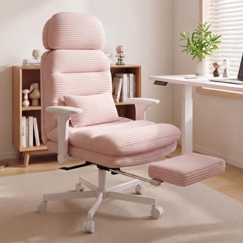 GXJ Criss Cross Legged Office Chair with Flip-up Arms, Footrest, G800 Plus | 6.3" Cushion Relieves Tailbone Pain, Head-Lumbar Support Eases Fatigue, Smooth Rolling Wheels, Pink