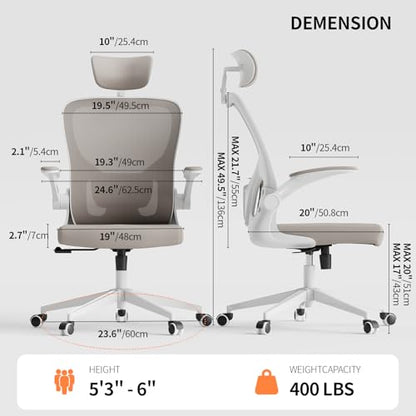 Office Chair Ergonomic Desk Chair with Lumbar Support&Headrest&Flip-up Arms Height Adjustable Rocking Swivel High Computer Chair Multi-Angle from 90° to 125° with 350LBS Capacity(White+Khaki-2) - color: White+khaki-2