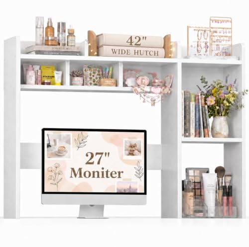 NUTIKAS Desk Hutch White Desktop Bookshelf Shelf - 42 Inch Computer Desk Organizer for Dorm Room, Wood Storage Rack for Home Office Desktop Display Shelves, Small Bookcase for Top of Desk - size: 42 INCH