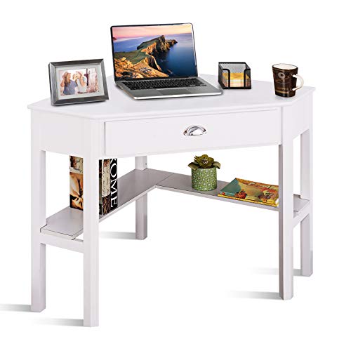 GOFLAME Computer Corner Desk, Wood Compact Home Office Writing Workstation with Drawer and Shelves, Laptop PC Corner Table for Small Space Home Office, White - color: White