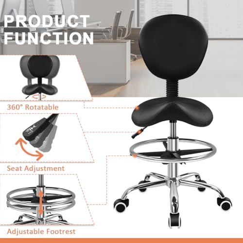 KKTONER Black Saddle Drafting Chair with Back Swivel Office Chair with Footrest Height Adjustable for Work Home Computer Task Stool Chair with Wheels
