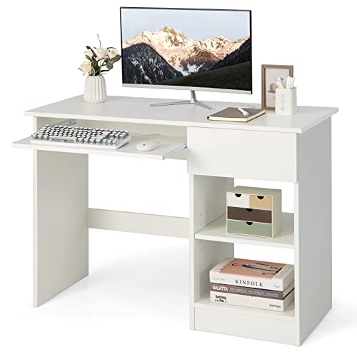 Tangkula White Desk with Drawer, Wooden Computer Desk with Pull-Out Keyboard Tray & Adjustable Storage Shelves, Modern Laptop PC Desk with CPU Stand, Writing Study Desk for Bedroom (White)