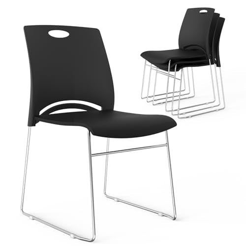 VINGLI 4 Pack Plastic Stacking Chairs, Stackable Office Chair, Black | Stackable Office Chair with Metal Sled Base, Ergonomic Plastic Seat with Handle, Multiple Use for Waiting Break Room Banquet - color: Black, size: 4 Pack