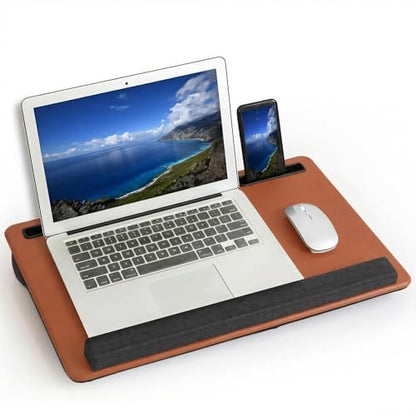 Lap Desk Home Office Lap Desk Portable Laptop Desk for Left Right - Handers with Whole Mouse Pad Wrist Pad Dual Cushion Phone Tablet Slots Fits Up to 17 Inch Laptops - color: Stone Brown