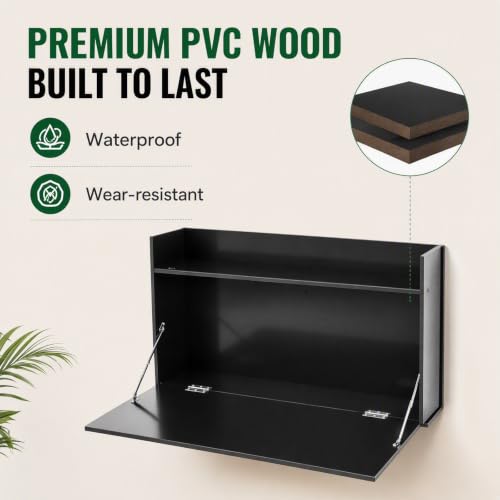 Wall Mounted Foldable Desk Cabinet with Lock, 29.9 Inch Floating Desk & Storage Shelf, Space Saving Fold Down Table for Small Spaces, Home Office, Study, Holds 44 lbs (Black, 76*43*40cm)