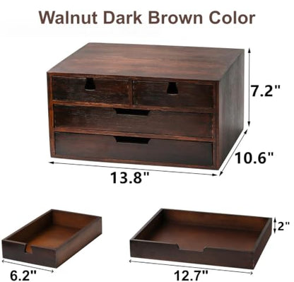 DEAYOU Bamboo Desk Organizer, 100% Natural Bamboo Desktop Drawer Organizer, Dark Brown Tabletop Storage Cabinet Organization Box with 4 Drawer for Makeup, Letter, Home, 3 Layer, Fully Assemble