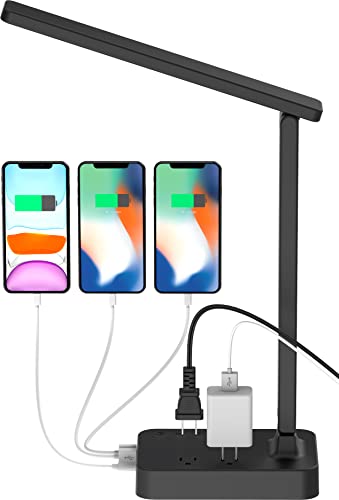 Drevet LED Desk lamp with USB C Charging Port, Table Light with 3 USB Charger and 2 AC Power Outlet, 3 Color Model, 3 Level Brightness, Touch Control, Memory Function, Eye-Caring Office Foldable Lamp - color: Gray