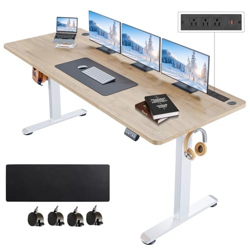71'' × 28'' Electric Standing Desk with Power Outlets & Wheels, Oak - color: Oak, size: 71×28''