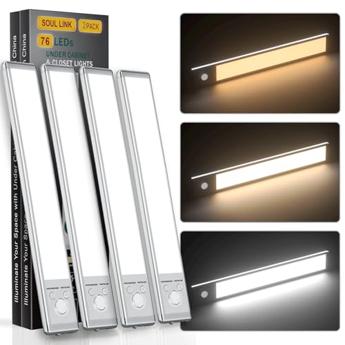 Soul Link 4-Pack 9.5" 76-LED Motion Sensor Under Cabinet Lights, Wireless | Button control, 1500mAh rechargeable batteries, magnetic mounting, dimming and 3 color modes for kitchen or closet. - size: 9.5inch - 4pack