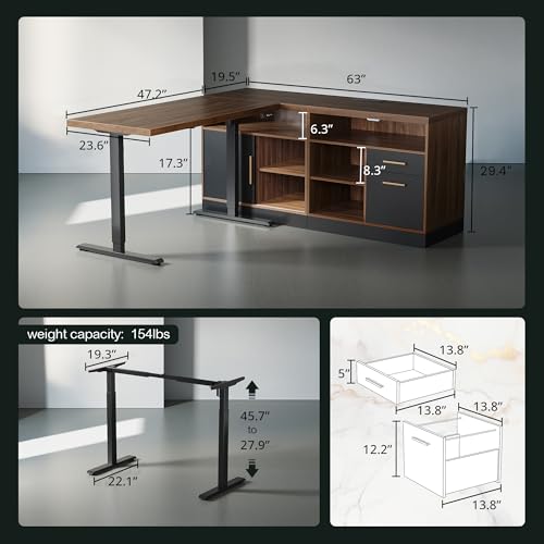 ModernMate 67" L Shaped Executive Standing Desk with Drawer Storage | Electric Adjustable Height Desk, Built-in Power Outlets, 1.18" Thick Desktop, Modular Corner Workstation, Black Walnut - color: Black Walnut