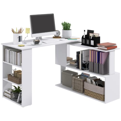 HOMCOM 47 Inch L Shaped Desk, Home Office Table, 360 Degree Rotating, White - color: White