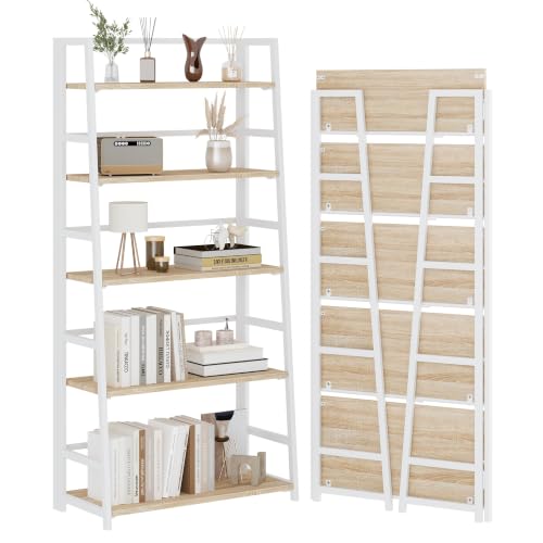 JSB 5 Tier Bookshelf, No Assembly Folding Ladder Bookshelf, 51.6in Tall Foldable Ladder Shelf, Bookcase for Home Office, Living Room,Space-Saving (Natural & White, 5 Tier) - color: Natural & White