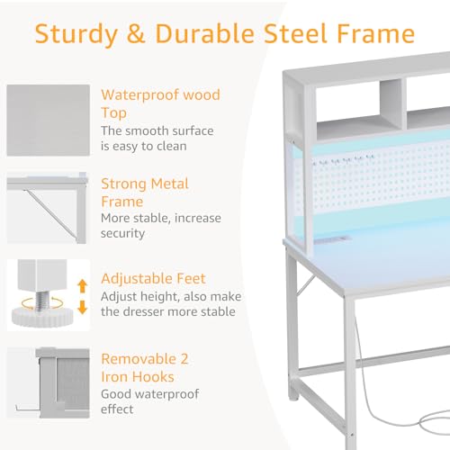 White Gaming Desk with Hutch and Pegboard - Computer Desk with Hutch, Power Outlet, 47 Inch Art Desk with Storage, Hooks, RGB and Side Bag, Writing Modern Study Teen Desks for Girl Bedroom Home Office - color: White