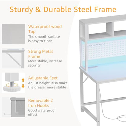 White Gaming Desk with Hutch and Pegboard - Computer Desk with Hutch, Power Outlet, 47 Inch Art Desk with Storage, Hooks, RGB and Side Bag, Writing Modern Study Teen Desks for Girl Bedroom Home Office - color: White