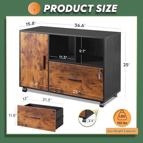 DEVAISE Printer Stand with Storage, Mobile Wood File Cabinet, Rustic Brown - color: Rustic Brown, style: Modern