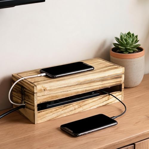 Changsuo Cable Management Box Wooden Cord Organizer Box for Extension Cord Power Stripe Surge Protector Wire Management Concealer Cover Hider for Desktop Home Office Kitchen (Carbonized Brown) - color: Carbonized Brown