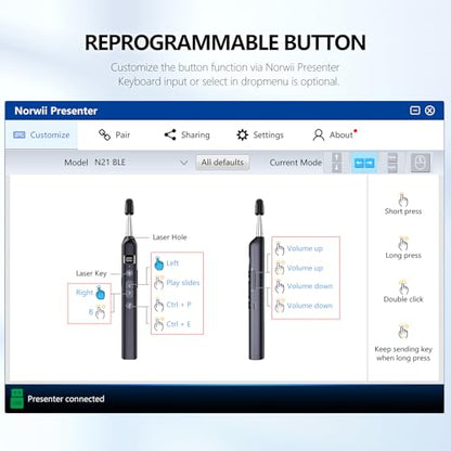 N21 Bluetooth Presentation Clicker for PowerPoint with Retractable Pointer | ①Laser Pointer②Telescopic touch pen③Countdown timer, vibration alert ④Customizable Button ⑤Rechargeable;battery level display - color: Black - Red Pointer