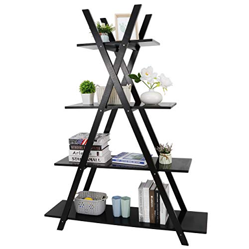 SUPER DEAL A Frame Bookshelf Storage Shelves, 4 Tier Ladder Bookcase Free Standing, Plant Book Display Furniture for Home Office, Black