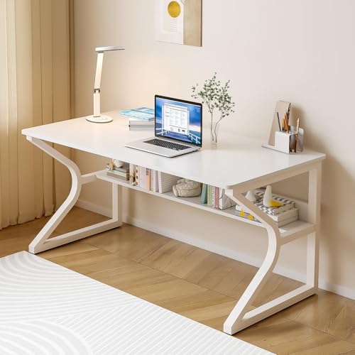 47.3-Inch Writing Desk with Storage Shelf, Warm White | Space-saving, Single-Person Workstation, Modern Study Gaming Computer Desk, Suitable for Home Office, Bedroom and Dorms - color: Warm White, size: 47.3x23.6 inch