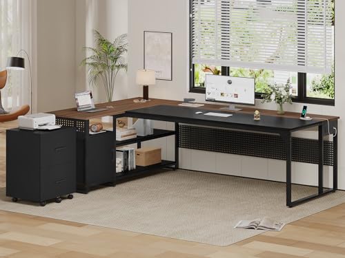 UPOSOJA 71" Executive Desk, Reversible L Shaped Desk with Mobile File Cabinet & Power Outlets, Large Office Desk with Drawers, Storage Shelves, Hooks, Corner Computer Desk for Home Office (Walnut)