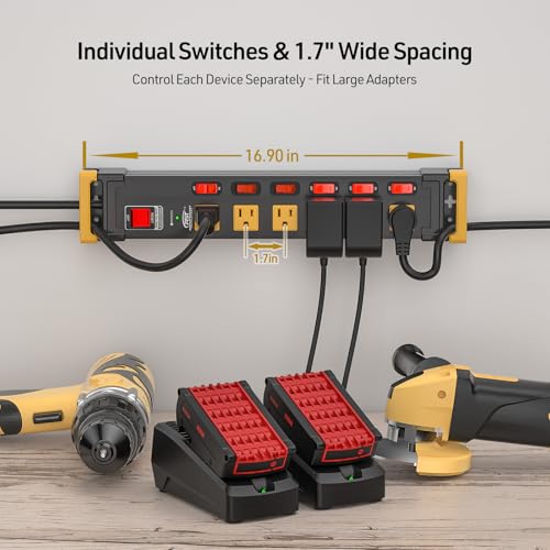 CRST 6-Outlet Metal Power Strip with Individual Switches 15A/1875W, 6FT | Wide-spaced for Bulky Plugs, 1020J Surge Protector Power Strip with Cable Management for Garage Home Office Workshop School - color: Black+Yellow, size: 6 Outlet+6FT
