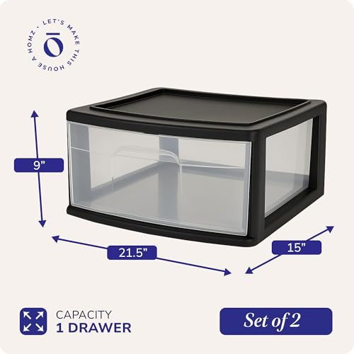 HOMZ Drawer Storage Cart, Wide Plastic Container, Black Frame, 2-Pack - color: Black frame with clear drawers, size: 15 inches