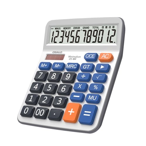 Pendancy Desk Calculator Large Display, 12-Digit, Big Buttons, Solar Power | Compact Desktop Basic Calculator with 4-Inch LCD, AAA Battery, 30° Tilt, GT/MU, Operation Symbols and 8-Min Auto Shutoff - color: 6M-Grey, size: Medium