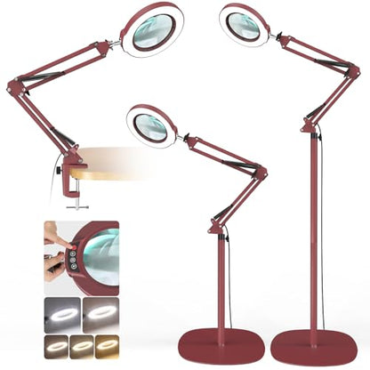 12X Real Glass Magnifying Glass with Light and Stand, LED 5 Color Modes, Stepless Dimmable Magnifying Floor Lamp, 3-in-1 Adjustable Swing Arm Lighted Magnifier Lamp with Clamp for Craft - Red - color: Red