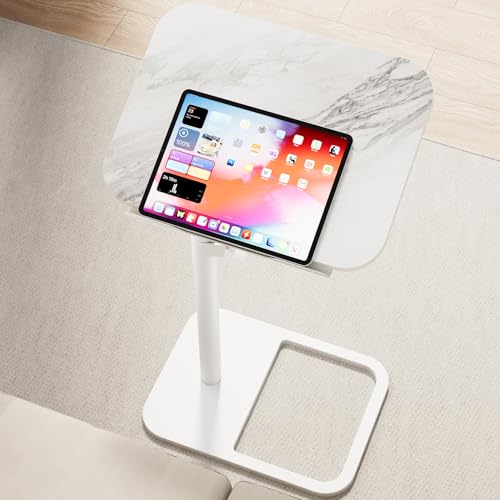 GOYLSER Adjustable Height Sofa C Table, 360° Swivel/180° Flip-Over Panel Side Table with Tablet Slots for Small Spaces, Morden TV Tray Couch Tables for Dinner Eating (White Marble) - color: White Marble, style: Angle Tilt
