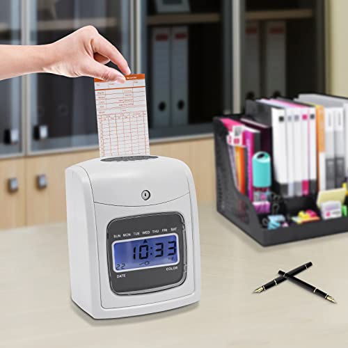Time Clock Punch Machine, Modern Starter Time Clock Bundle with 50 Cards, 1 Backup Ribbon, 2 Keys and LCD Display, Wall-Mounted/Desktop Employee Time Clock for Small Business White