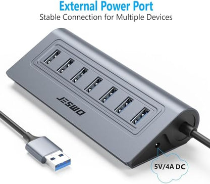 JESWO 7-Port Aluminum Powered USB 3.0 Hub with 3.3Ft Cable - color: Grey