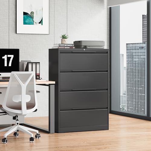 Bestoo 4 Drawer File Cabinet, Metal Lateral Filing Cabinet with Lock - color: Black, size: 4 Drawer 15.7" D x 35.4" W x 51.8" H