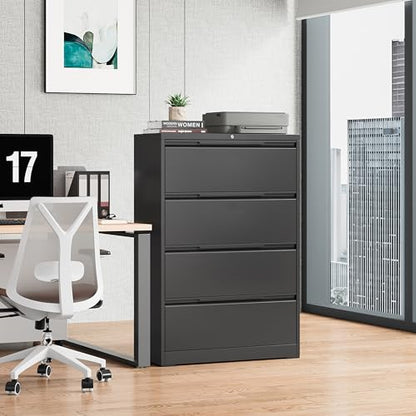 Bestoo 4 Drawer File Cabinet, Metal Lateral Filing Cabinet with Lock - color: Black, size: 4 Drawer 15.7" D x 35.4" W x 51.8" H