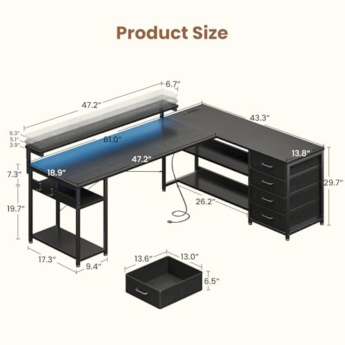 AODK 61 Inch L Shaped Computer Desk with 4 Drawers, LED Lights, Black - color: Black, size: 61 inches