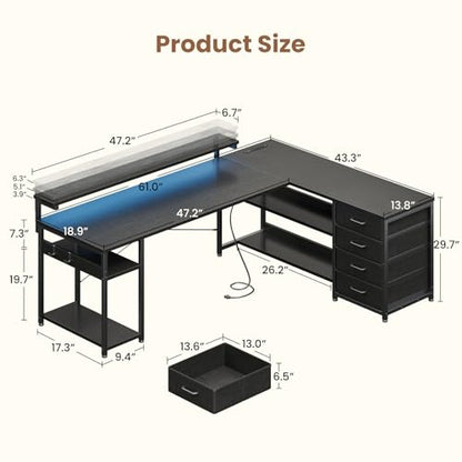 AODK 61 Inch L Shaped Computer Desk with 4 Drawers, LED Lights, Black - color: Black, size: 61 inches