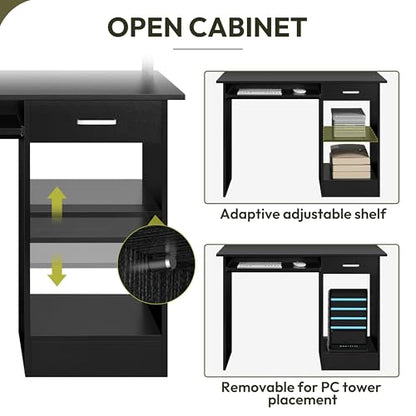 Yaheetech Computer Desk with Keyboard Tray, Drawers, and Shelves, Black | This Desk Has a Pull-Out Keyboard Tray, a Drawer, and an Adjustable Open Shelf for Books, Files, and Home Office Supplies. - color: Black