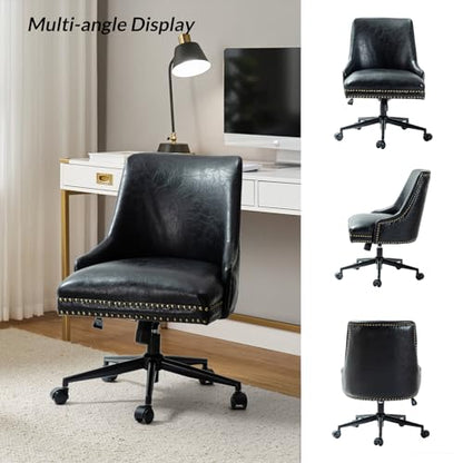 HULALA Home Leather Office Chair with Nailhead, Armless Desk Chair, Black - color: Black