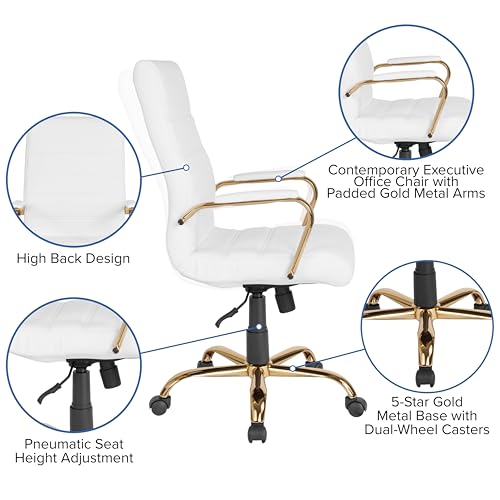 Flash Furniture High Back White LeatherSoft Executive Swivel Office Chair with Gold Frame and Arms - color: White Leathersoft/Gold Frame