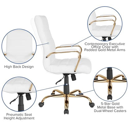 Flash Furniture High Back White LeatherSoft Executive Swivel Office Chair with Gold Frame and Arms - color: White Leathersoft/Gold Frame