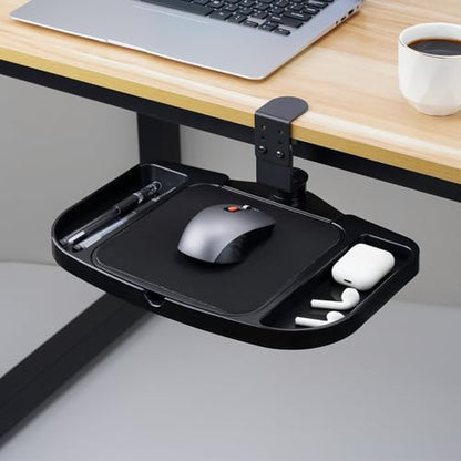 Clamp-on Mouse Pad Holder Platform, Height Adjustable Under Desk 360° Rotating Mouse Tray Rest Extension Attachment, with 5 Storage compartments Save Space