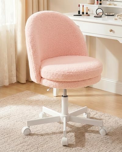 GTPOFFICE Vanity Chair with Back, Adjustable Tall Office Chair High Swivel Bar Stools Fluffy Cute Desk Chair Comfy with Wheels Bow Pillow Armlees for Adults Standing Desk Bar Teddy Velvet Blossom Pink - color: Blush Pink