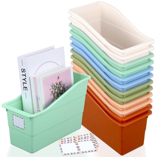 gisgfim 12 Pack Large Book Bins with Labels (Boho) | Durable Plastic,Stackable Magazine Organizer,Storage Bins for Classroom,Library,Office,Bookshelf Categorization - color: Boho